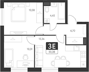 Планировка — Спутник-1, 3-комн., 50 м²