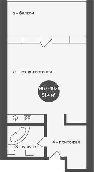 Планировка — У Причала, 1-комн., 51 м²