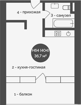 Планировка — У Причала, 1-комн., 37 м²