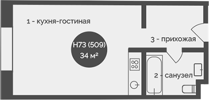 Планировка — У Причала, 1-комн., 34 м²