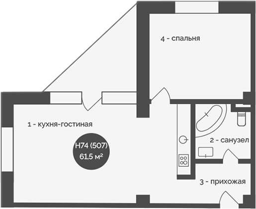 Планировка — У Причала, 1-комн., 62 м²