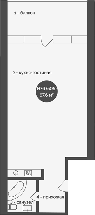 Планировка — У Причала, 1-комн., 68 м²