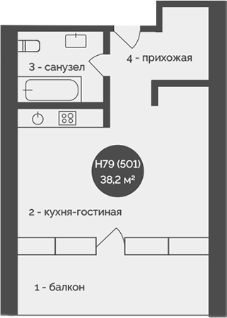 Планировка — У Причала, 1-комн., 38 м²