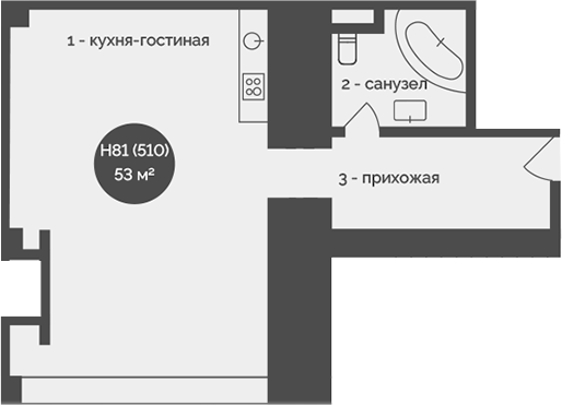 Планировка — У Причала, 1-комн., 53 м²