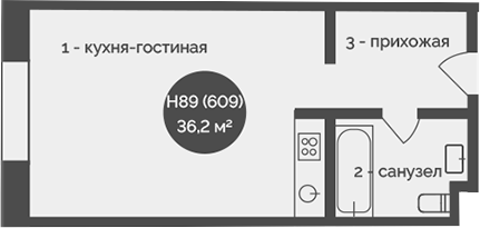 Планировка — У Причала, 1-комн., 36 м²