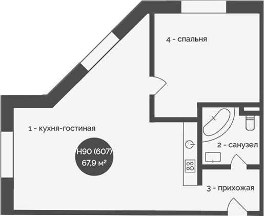 Планировка — У Причала, 1-комн., 68 м²