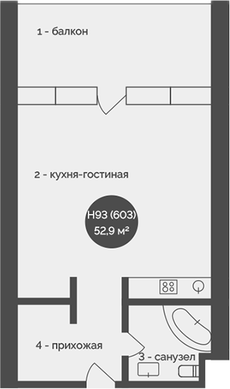 Планировка — У Причала, 1-комн., 53 м²