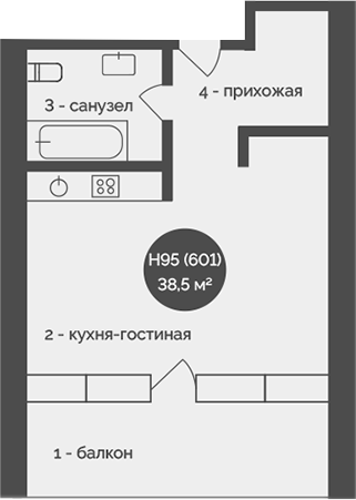 Планировка — У Причала, 1-комн., 39 м²