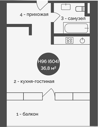 Планировка — У Причала, 1-комн., 37 м²