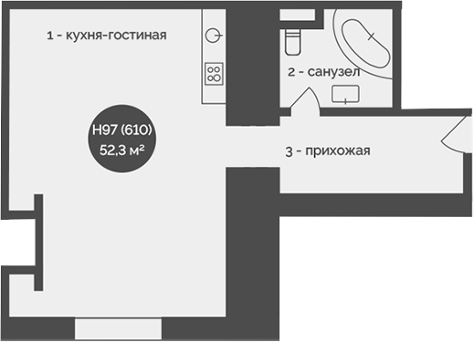 Планировка — У Причала, 1-комн., 52 м²