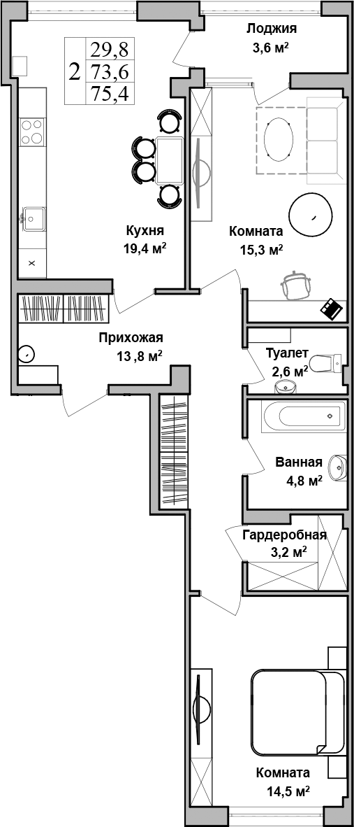 Планировка — Клубный дом Azimut, 3-комн., 74 м²