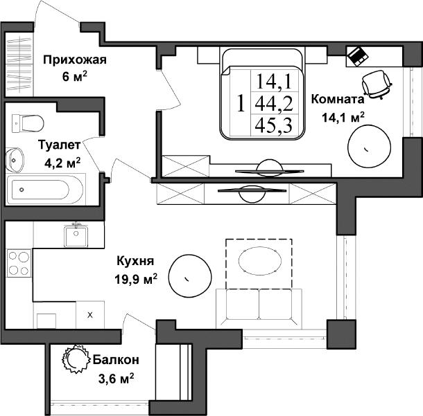 Планировка — Клубный дом Azimut, 1-комн., 44 м²