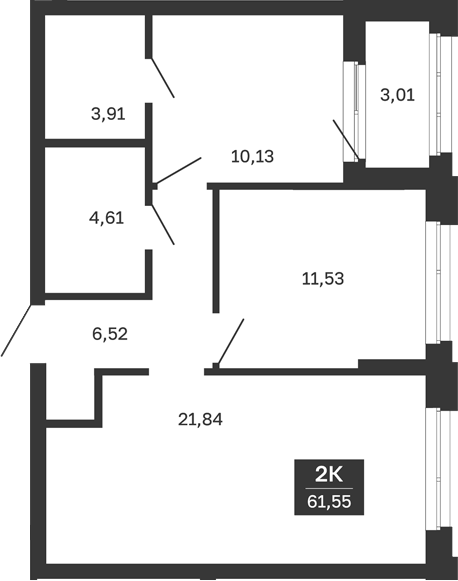 Планировка — Сибирская калина, 2-комн., 59 м²