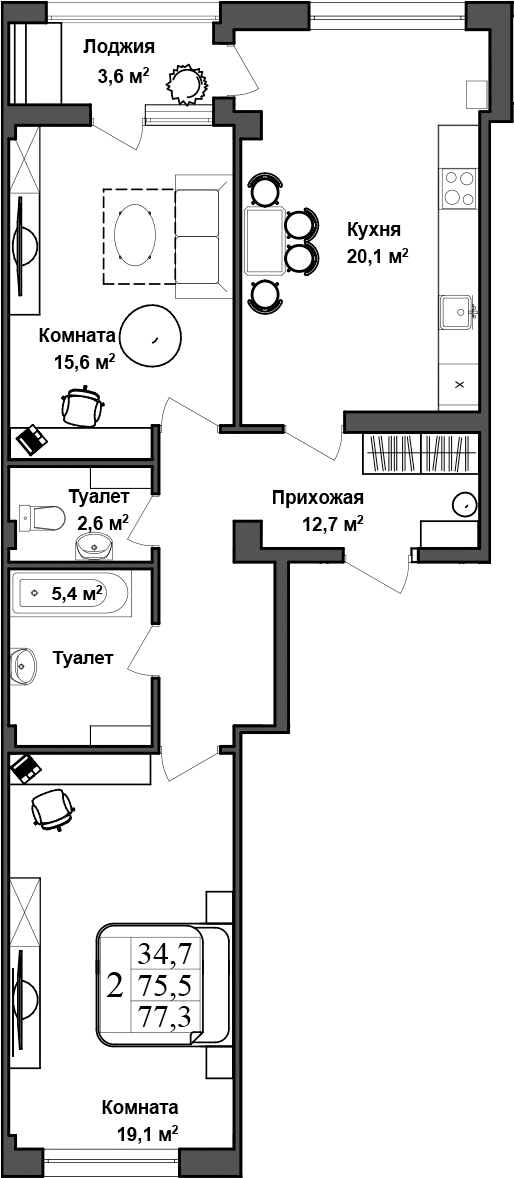 Планировка — Клубный дом Azimut, 3-комн., 76 м²