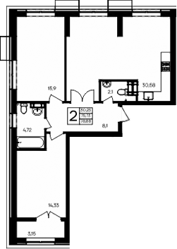 Планировка — Семисчастье, 2-комн., 76 м²