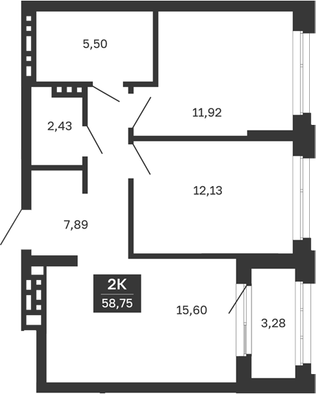 Планировка — Сибирская калина, 2-комн., 55 м²