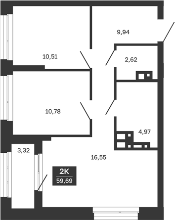 Планировка — Сибирская калина, 2-комн., 55 м²