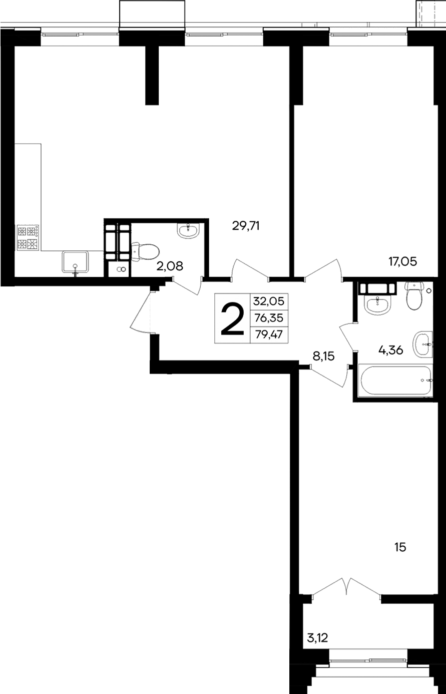 Планировка — Семисчастье, 2-комн., 76 м²