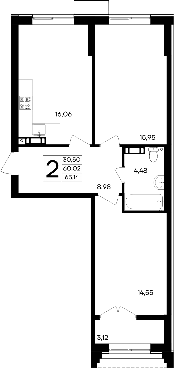 Планировка — Семисчастье, 2-комн., 60 м²