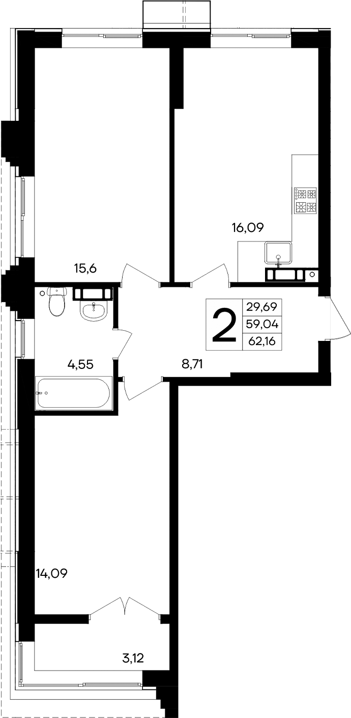 Планировка — Семисчастье, 2-комн., 59 м²