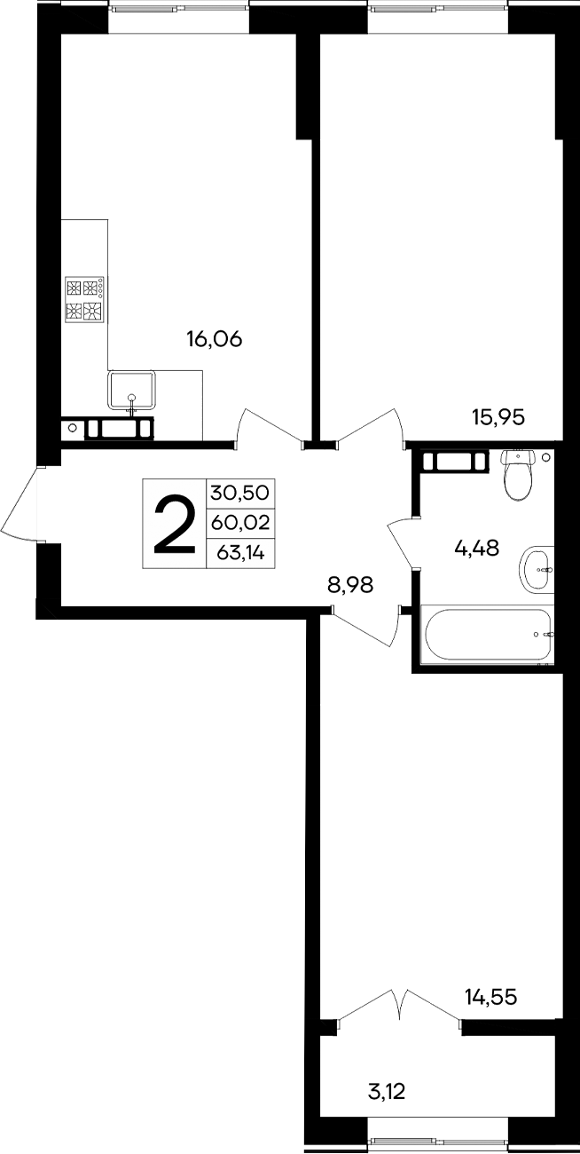 Планировка — Семисчастье, 2-комн., 60 м²