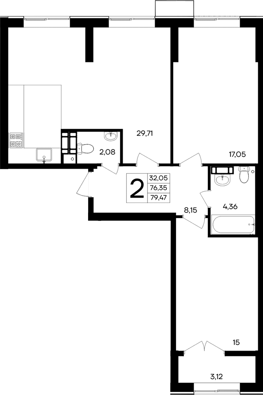 Планировка — Семисчастье, 2-комн., 76 м²