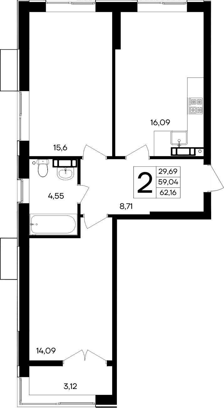 Планировка — Семисчастье, 2-комн., 59 м²