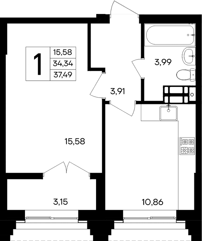 Планировка — Семисчастье, 1-комн., 34 м²