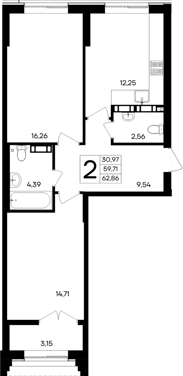 Планировка — Семисчастье, 2-комн., 60 м²