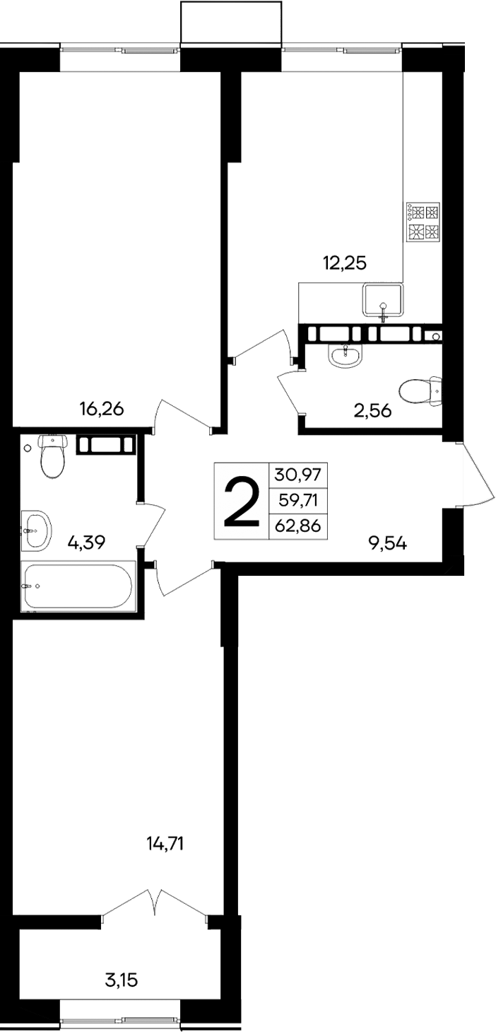 Планировка — Семисчастье, 2-комн., 60 м²