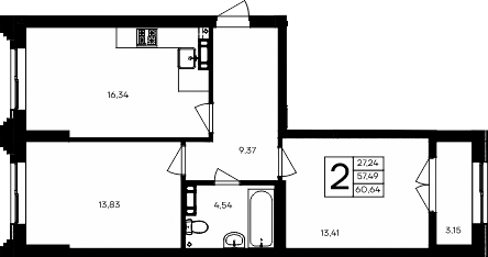 Планировка — Семисчастье, 2-комн., 57 м²