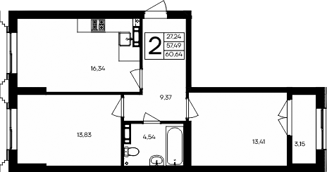 Планировка — Семисчастье, 2-комн., 57 м²