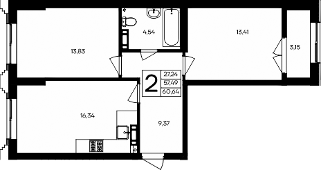 Планировка — Семисчастье, 2-комн., 57 м²