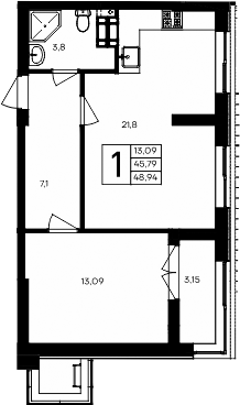 Планировка — Семисчастье, 1-комн., 46 м²