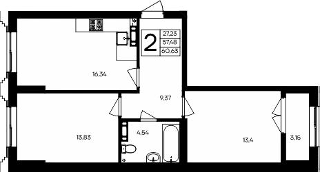 Планировка — Семисчастье, 2-комн., 57 м²
