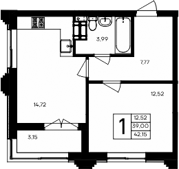 Планировка — Семисчастье, 1-комн., 39 м²