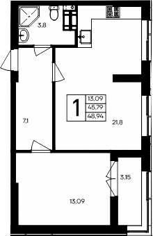 Планировка — Семисчастье, 1-комн., 46 м²