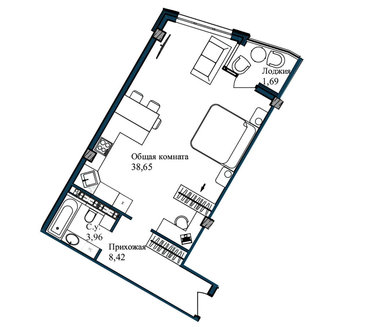 Планировка — Garden, Студия, 53 м²