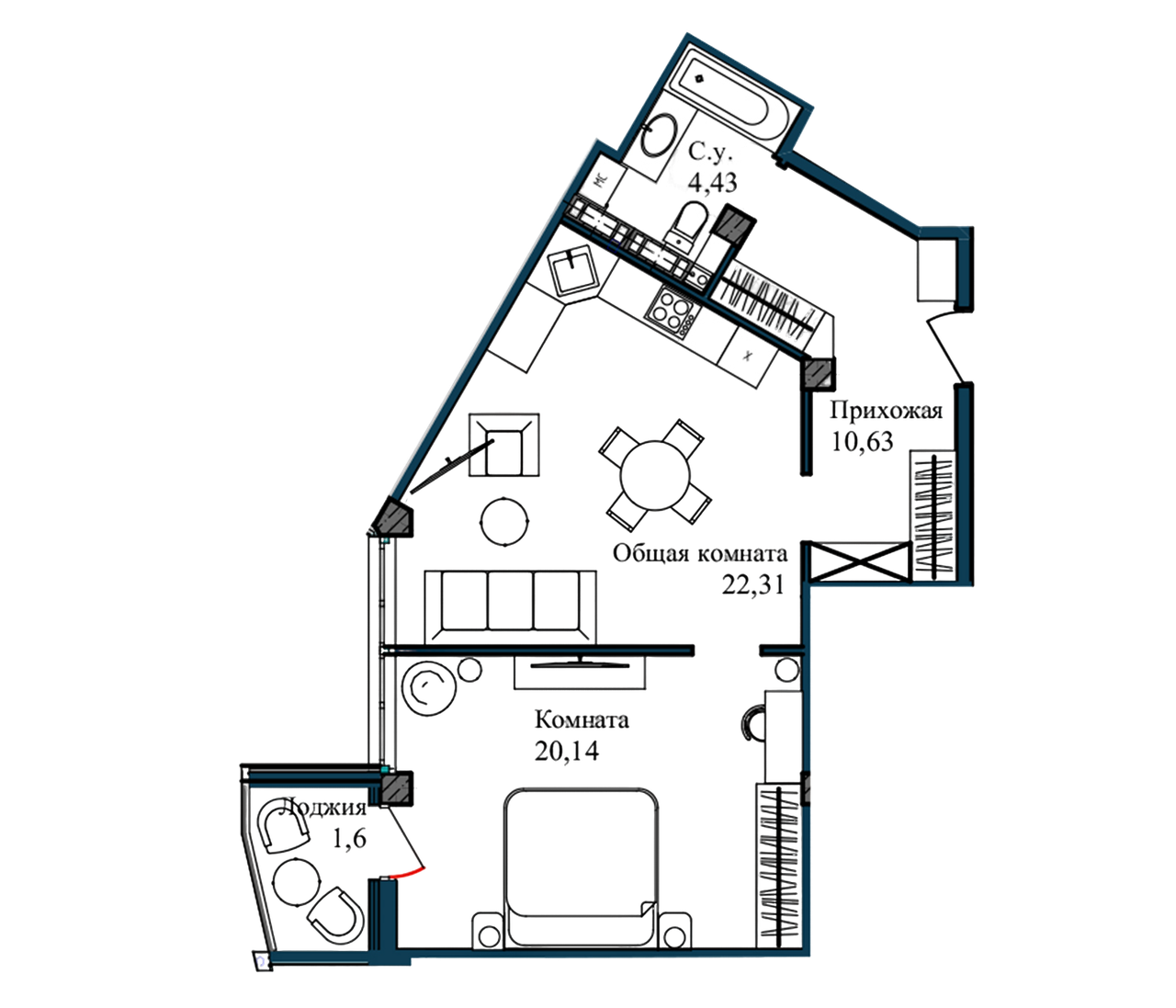 Планировка — Garden, 2-комн., 59 м²