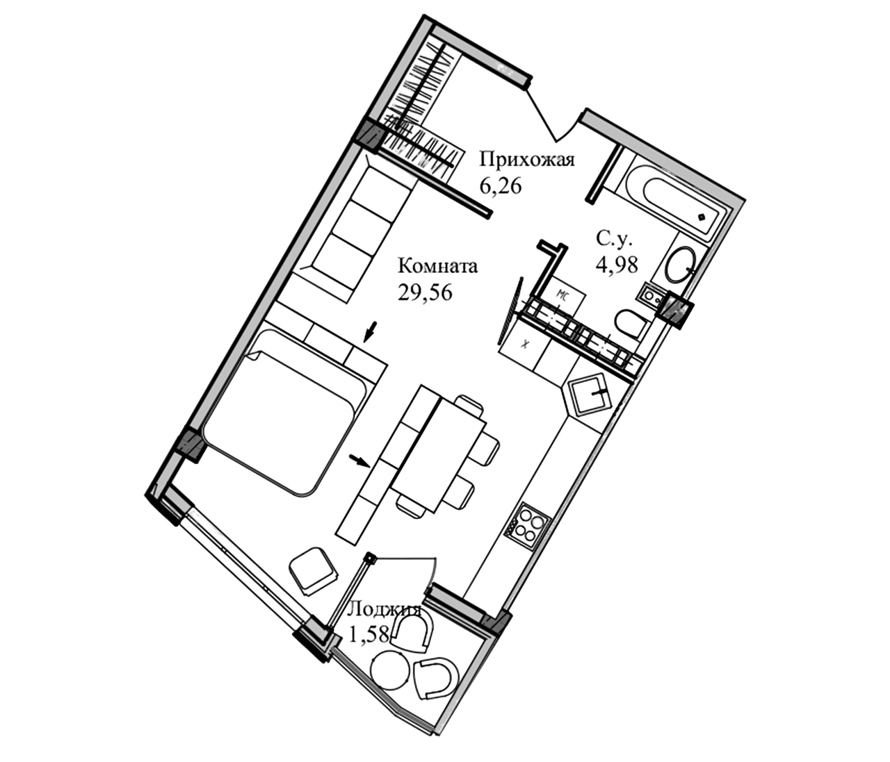 Планировка — Garden, Студия, 42 м²