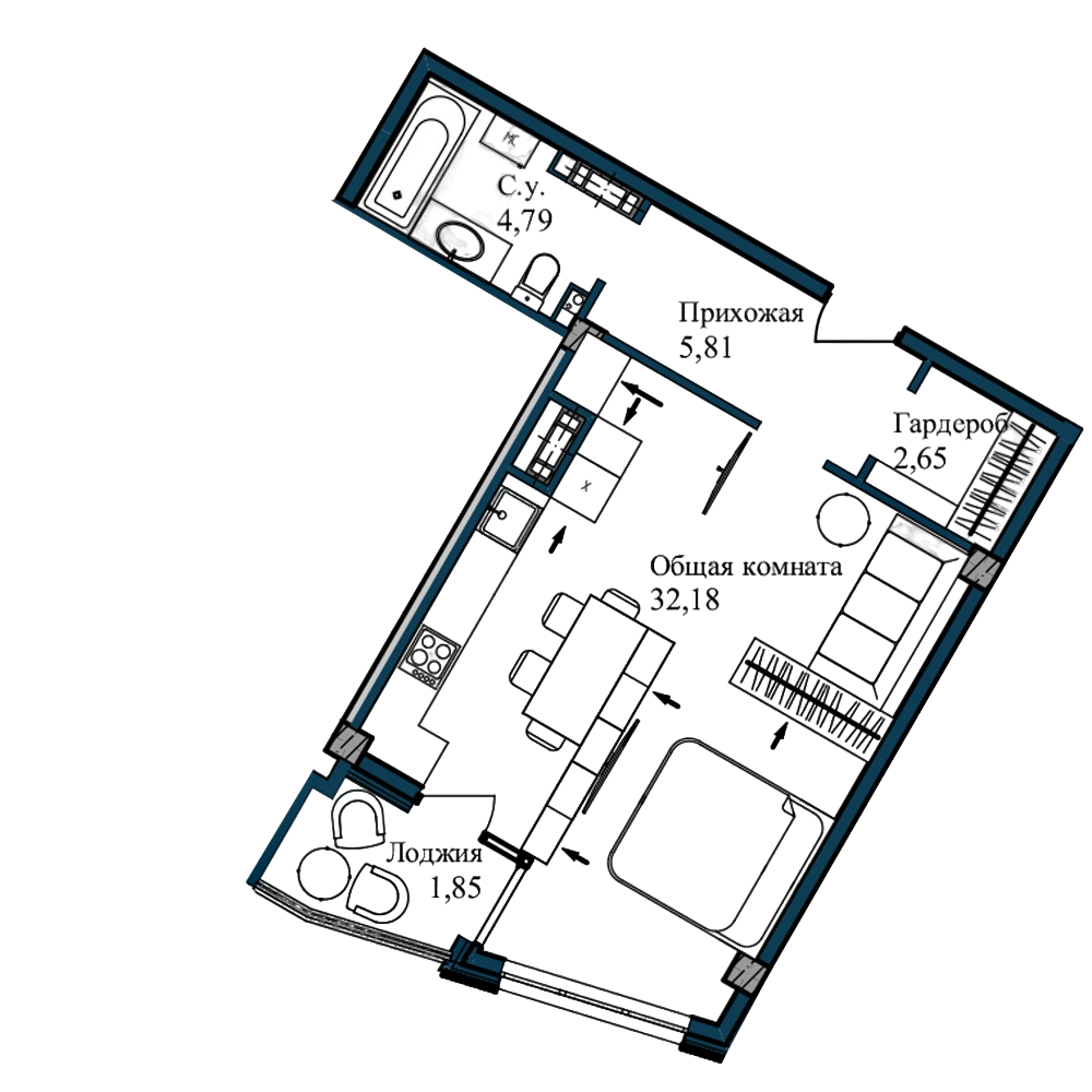 Планировка — Garden, Студия, 47 м²