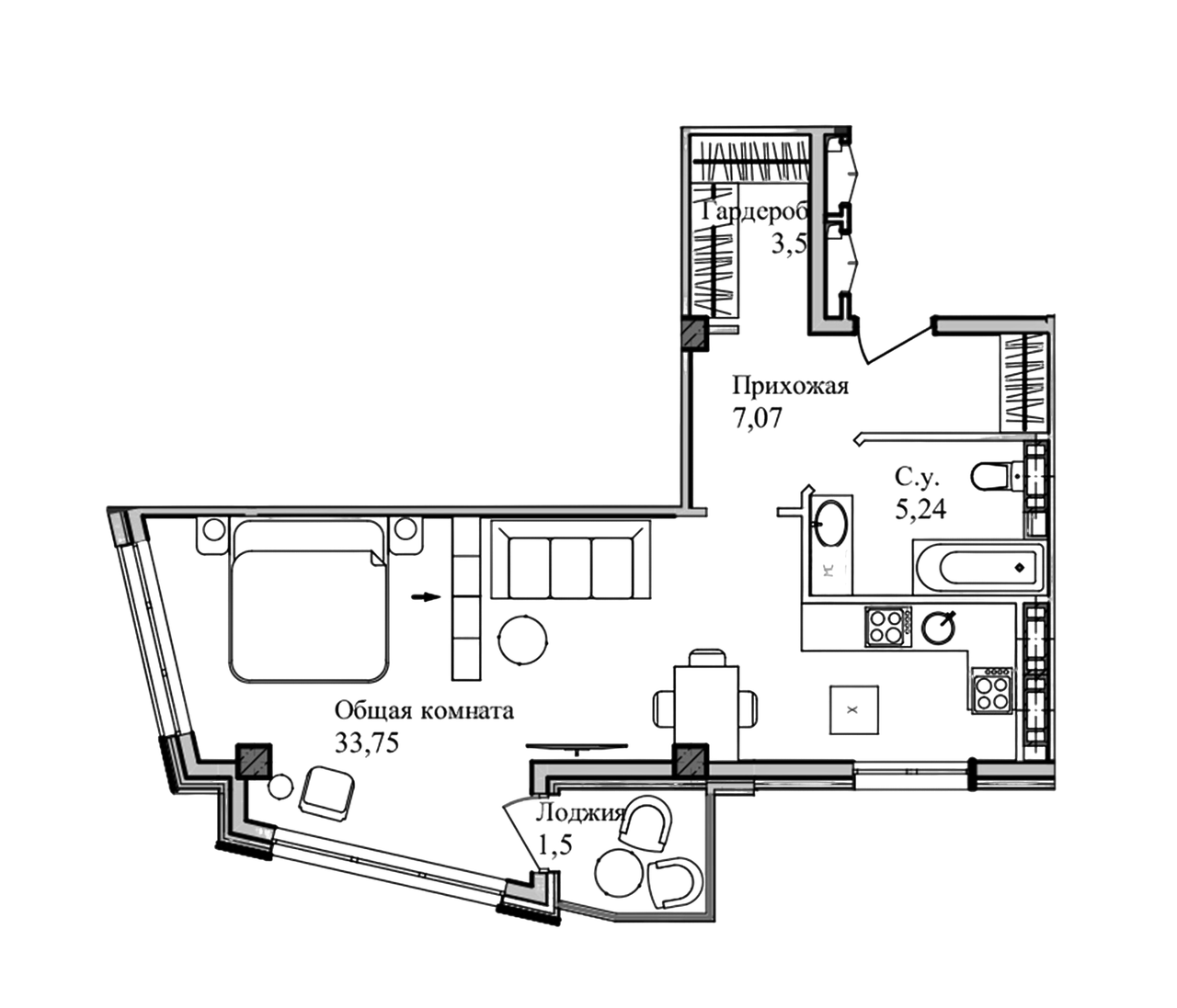 Планировка — Garden, Студия, 50 м²