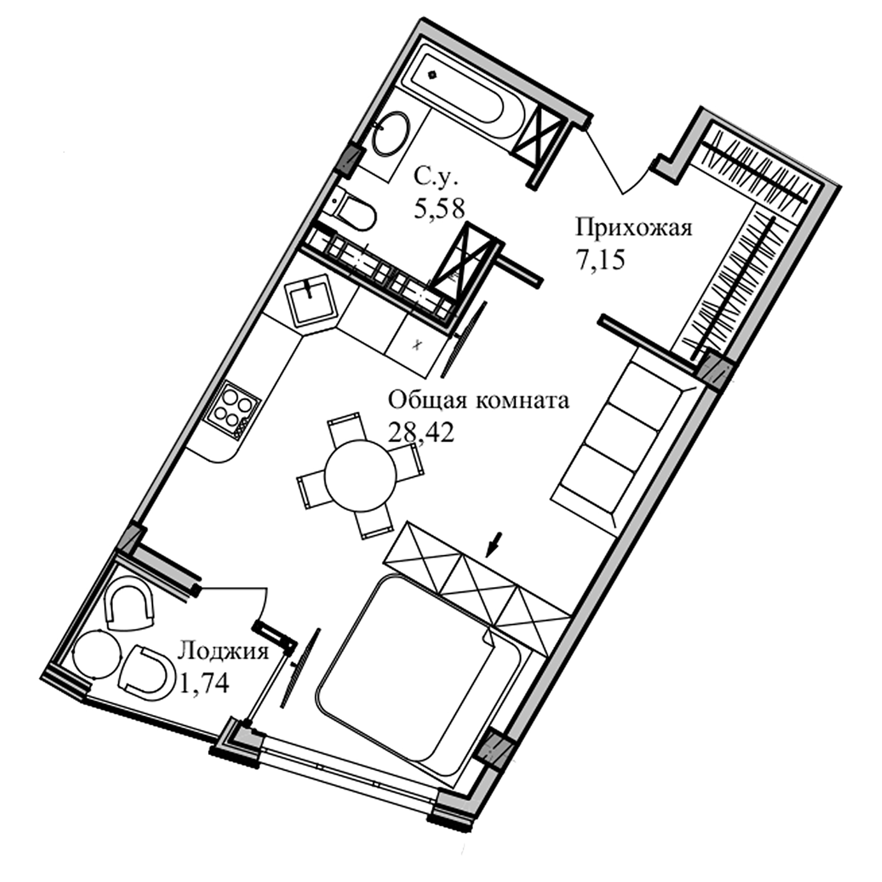 Планировка — Garden, Студия, 43 м²