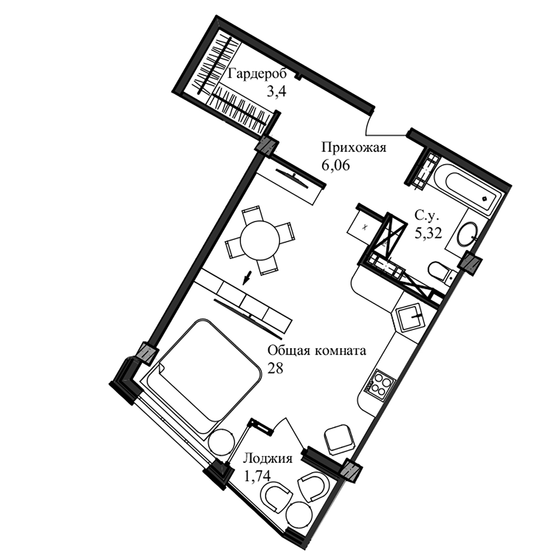 Планировка — Garden, Студия, 45 м²
