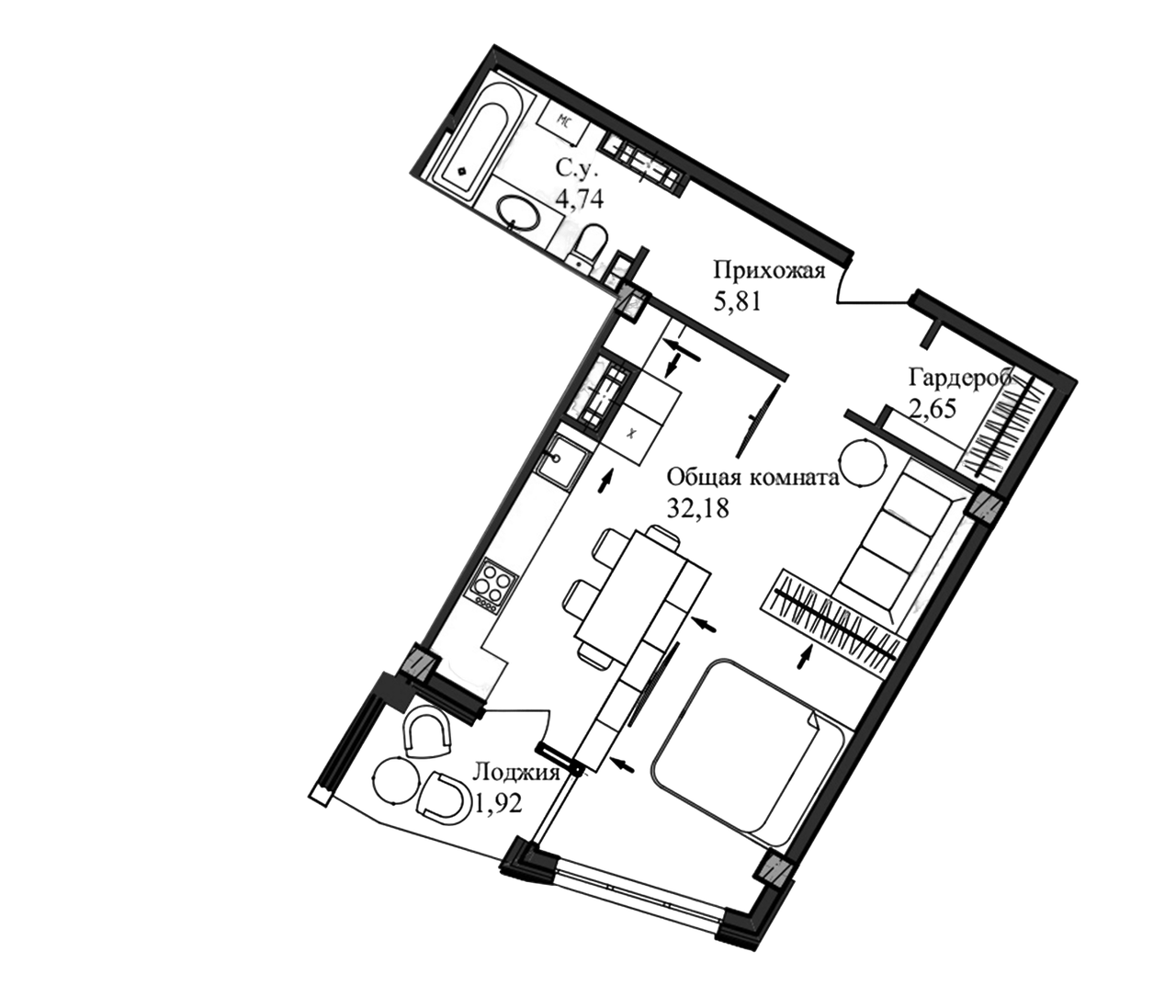 Планировка — Garden, Студия, 47 м²