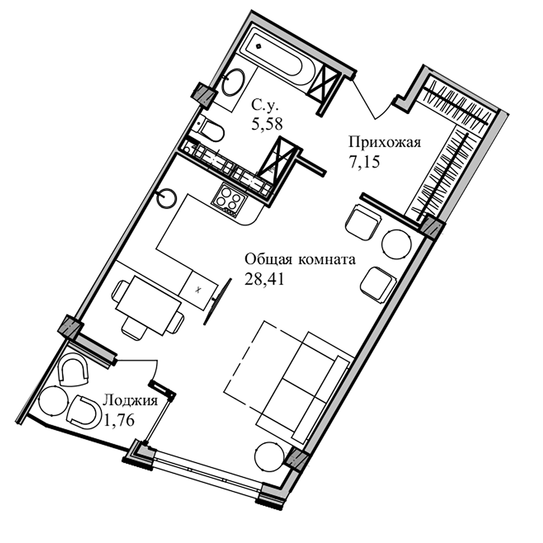 Планировка — Garden, Студия, 43 м²