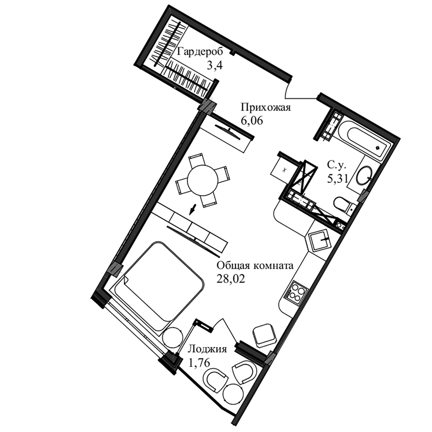 Планировка — Garden, Студия, 45 м²