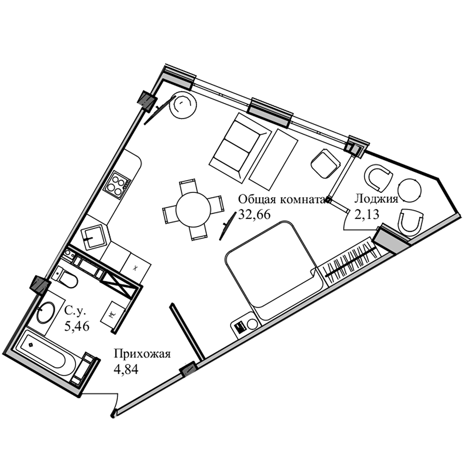 Планировка — Garden, Студия, 45 м²