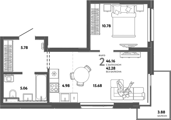 Планировка — Уральский сад, 2-комн., 42 м²
