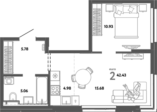 Планировка — Уральский сад, 2-комн., 42 м²